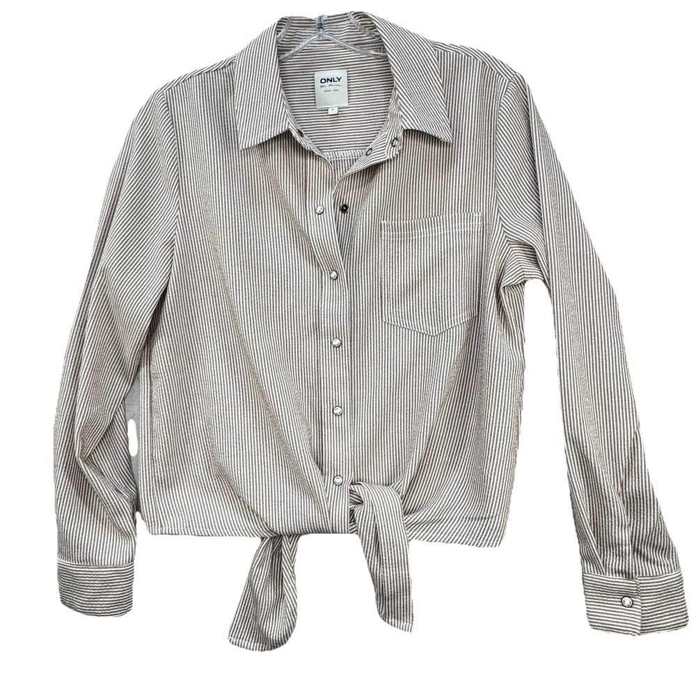 Seersucker Tie Front Pin Stripe Snap Button Down Top Women's Small Beachy Preppy